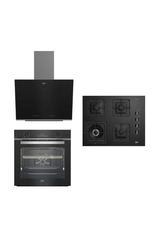 Beko Siyah Cam 9 Fonksiyonlu Buhar Destekli FitFry (AirFry Özellikli) WOK Gözlü 3'lü Ankastre Set