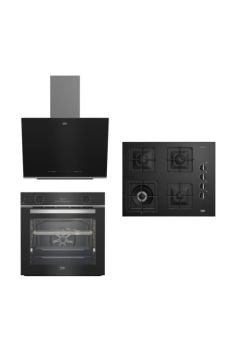 Beko Siyah Cam 9 Fonksiyonlu Buhar Destekli FitFry (AirFry Özellikli) WOK Gözlü 3'lü Ankastre Set